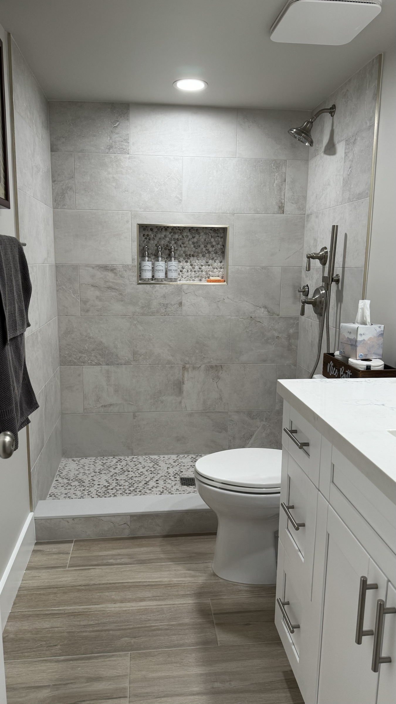 Bathroom after tub-to-shower conversion, showing a tiled stand-up shower, shower niche, handheld shower, toilet, and updated vanity.